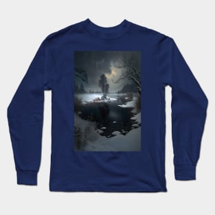 Landscape of winter lake in mountain valley - eerie nights Long Sleeve T-Shirt